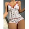 imageOYOANGLE Womens 2 Piece Pajamas Set Cherry Print Lettuce Trim Mesh Cami Top and Shorts Pjs Set SleepwearWhite