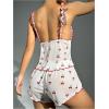 imageOYOANGLE Womens 2 Piece Pajamas Set Cherry Print Lettuce Trim Mesh Cami Top and Shorts Pjs Set SleepwearWhite