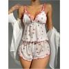 imageOYOANGLE Womens 2 Piece Pajamas Set Cherry Print Lettuce Trim Mesh Cami Top and Shorts Pjs Set SleepwearWhite