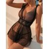 imageOYOANGLE Womens 2 Piece Polka Dots Lace Sheer Mesh V Neck Babydoll Teddy Lingerie SetBlack
