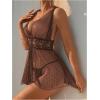 imageOYOANGLE Womens 2 Piece Polka Dots Lace Sheer Mesh V Neck Babydoll Teddy Lingerie SetBrown