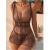 imageOYOANGLE Womens 2 Piece Polka Dots Lace Sheer Mesh V Neck Babydoll Teddy Lingerie SetBrown