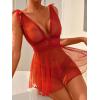 imageOYOANGLE Womens 2 Piece Polka Dots Lace Sheer Mesh V Neck Babydoll Teddy Lingerie SetBurgundy