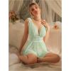 imageOYOANGLE Womens 2 Piece Polka Dots Lace Sheer Mesh V Neck Babydoll Teddy Lingerie SetGreen