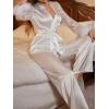 imageOYOANGLE Womens 2 Piece Satin Pajama Set Contrast Lace Fuzzy Long Sleeve Wrap Belted Top and Pants SleepwearWhite
