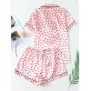 imageOYOANGLE Womens 2 Piece Satin Pajama Set Heart Print Button Down Short Sleeve Top and Shorts SleepwearPink