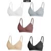 imageOYOANGLE Womens 5 Pieces Rib Knit Spaghetti Strap V Neck Wireless Bra Set Seamless Solid Plain No Padded BraletteBlack White