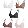 imageOYOANGLE Womens 5 Pieces Rib Knit Spaghetti Strap V Neck Wireless Bra Set Seamless Solid Plain No Padded BraletteBrown White