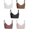 imageOYOANGLE Womens 5 Pieces Rib Knit Spaghetti Strap V Neck Wireless Bra Set Seamless Solid Plain No Padded BraletteBrown White