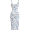 imageOYOANGLE Womens All Over Floral Print Spaghetti Straps Ruched Bust Wrapped Hem Midi Bodycon DressesBlue
