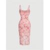 imageOYOANGLE Womens All Over Floral Print Spaghetti Straps Ruched Bust Wrapped Hem Midi Bodycon DressesPink
