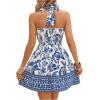 imageOYOANGLE Womens Boho All Over Print Halter Dress Shirred Back Summer Vacation Flared A Line Mini DressesBlue and White