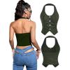 imageOYOANGLE Womens Button Front Denim Jacket Vest Sleeveless Vintage Halter Jean Crop Tank TopArmy Green