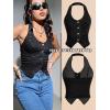 imageOYOANGLE Womens Button Front Denim Jacket Vest Sleeveless Vintage Halter Jean Crop Tank TopBlack