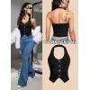 imageOYOANGLE Womens Button Front Denim Jacket Vest Sleeveless Vintage Halter Jean Crop Tank TopBlack