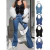 imageOYOANGLE Womens Button Front Denim Jacket Vest Sleeveless Vintage Halter Jean Crop Tank TopBlack