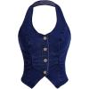 imageOYOANGLE Womens Button Front Denim Jacket Vest Sleeveless Vintage Halter Jean Crop Tank TopDark Blue