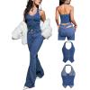 imageOYOANGLE Womens Button Front Denim Jacket Vest Sleeveless Vintage Halter Jean Crop Tank TopDark Wash