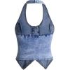 imageOYOANGLE Womens Button Front Denim Jacket Vest Sleeveless Vintage Halter Jean Crop Tank TopLight Blue
