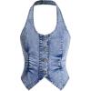 imageOYOANGLE Womens Button Front Denim Jacket Vest Sleeveless Vintage Halter Jean Crop Tank TopLight Blue