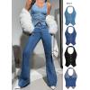 imageOYOANGLE Womens Button Front Denim Jacket Vest Sleeveless Vintage Halter Jean Crop Tank TopLight Wash