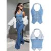 imageOYOANGLE Womens Button Front Denim Jacket Vest Sleeveless Vintage Halter Jean Crop Tank TopLight Wash