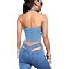 imageOYOANGLE Womens Button Front Denim Jacket Vest Sleeveless Vintage Halter Jean Crop Tank TopLight Wash