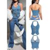imageOYOANGLE Womens Button Front Denim Jacket Vest Sleeveless Vintage Halter Jean Crop Tank TopMedium Wash