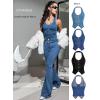 imageOYOANGLE Womens Button Front Denim Jacket Vest Sleeveless Vintage Halter Jean Crop Tank TopMedium Wash
