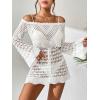 imageOYOANGLE Womens Crochet Hollow Out Long Sleeve Off Shoulder Beach Dress See Through Cover Up SwimwearWhite