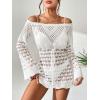 imageOYOANGLE Womens Crochet Hollow Out Long Sleeve Off Shoulder Beach Dress See Through Cover Up SwimwearWhite