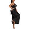 imageOYOANGLE Womens Cut Out Front Criss Cross Halter Dress Tie Backless Pleated Formal Maxi DressesBlack