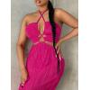 imageOYOANGLE Womens Cut Out Front Criss Cross Halter Dress Tie Backless Pleated Formal Maxi DressesHot Pink