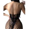 imageOYOANGLE Womens Faux PU Leather Cut Out Lace Up Halter Teddy Bodysuit Lingerie with Fishnet StockingsBlack