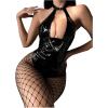 imageOYOANGLE Womens Faux PU Leather Cut Out Lace Up Halter Teddy Bodysuit Lingerie with Fishnet StockingsBlack