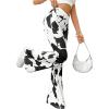 imageOYOANGLE Womens Floral Print High Waist Yoga Pants Wide Leg Pants Bell Bottom TrousersBlack White Printed