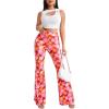 imageOYOANGLE Womens Floral Print High Waist Yoga Pants Wide Leg Pants Bell Bottom TrousersOrange and Pink