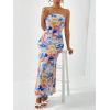 imageOYOANGLE Womens Floral Print Sleeveless Strapless Draped Backless Bodycon Summer Maxi Tube DressMulticolor