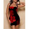 imageOYOANGLE Womens Floral Print Y2K Mini Dress Halter Neck Sleeveless Fitted Short DressesBlack Red
