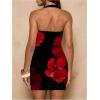 imageOYOANGLE Womens Floral Print Y2K Mini Dress Halter Neck Sleeveless Fitted Short DressesBlack Red