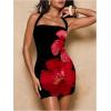 imageOYOANGLE Womens Floral Print Y2K Mini Dress Halter Neck Sleeveless Fitted Short DressesMulticolor