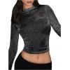 imageOYOANGLE Womens Glitter Mesh Sheer Long Sleeve Tee Shirt Slim Fitted Party Rave TopsBlack