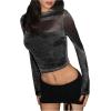 imageOYOANGLE Womens Glitter Mesh Sheer Long Sleeve Tee Shirt Slim Fitted Party Rave TopsBlack