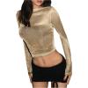 imageOYOANGLE Womens Glitter Mesh Sheer Long Sleeve Tee Shirt Slim Fitted Party Rave TopsGold