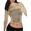 imageOYOANGLE Womens Glitter Mesh Sheer Long Sleeve Tee Shirt Slim Fitted Party Rave TopsGold