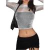 imageOYOANGLE Womens Glitter Mesh Sheer Long Sleeve Tee Shirt Slim Fitted Party Rave TopsSilver