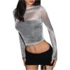 imageOYOANGLE Womens Glitter Mesh Sheer Long Sleeve Tee Shirt Slim Fitted Party Rave TopsSilver