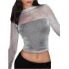imageOYOANGLE Womens Glitter Mesh Sheer Long Sleeve Tee Shirt Slim Fitted Party Rave TopsSilver