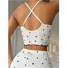 imageOYOANGLE Womens Heart Print Ribbed Knit Cami Pajama Tops Bowknot Criss Cross Camisole Crop Tops NightwearBlack and White