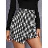 imageOYOANGLE Womens High Waist Work Houndstooth Print Asymmetrical Button Elegant Bodycon Mini Short SkirtsBlack and White